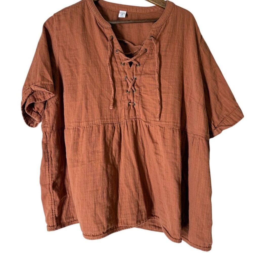 Old Navy Orange Peasant Top Womens Sz 2X Lace Up Cottagecore Ren Faire Boho